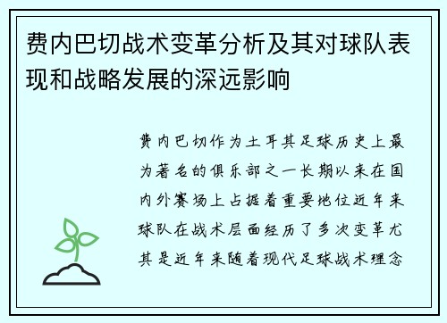 费内巴切战术变革分析及其对球队表现和战略发展的深远影响