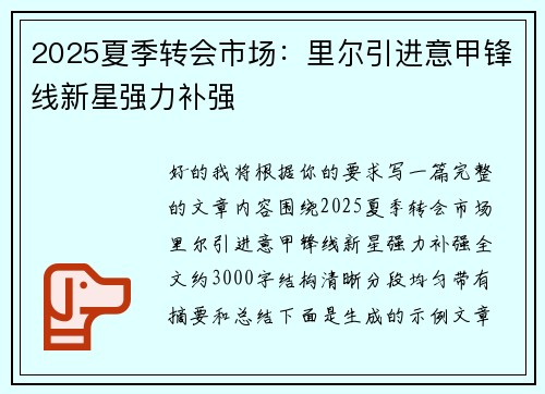 2025夏季转会市场：里尔引进意甲锋线新星强力补强
